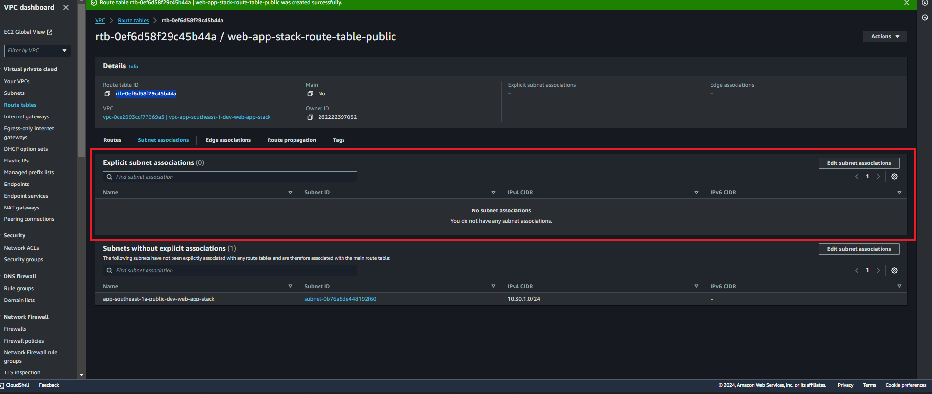 Associations Route Table Snapshot